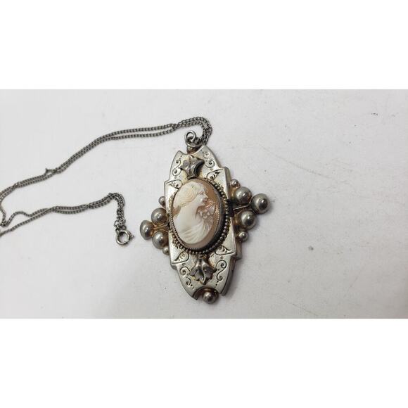 Vintage Cameo Pendant Necklace Silver Tone Ornate Art Deco Intaglio Large - Picture 5 of 14